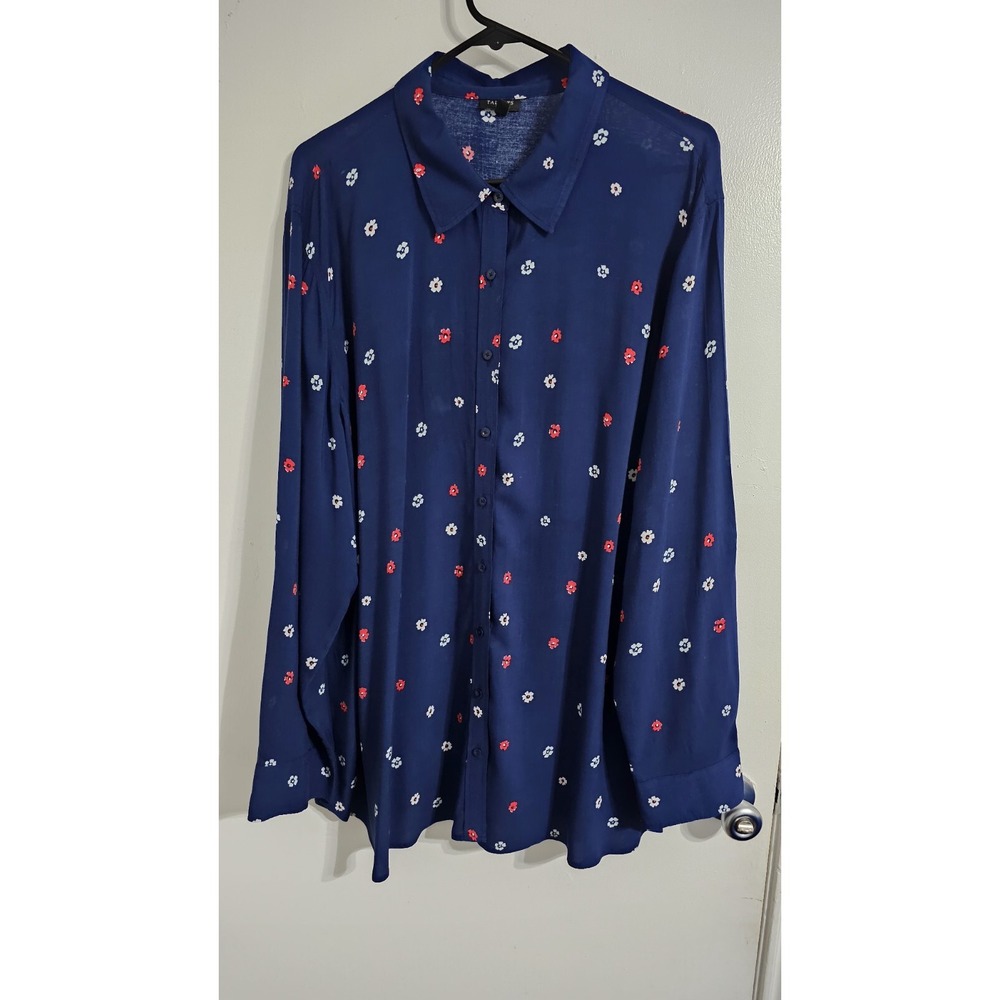 Talbots Floral Button Down Shirt 3X Blue Red Adjustable Sleeves Boho Romantic‎
